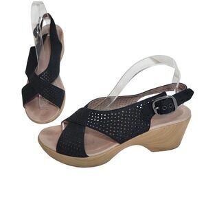 Dansko Jacinda Black Suede Leather Perforated Wedge Sandals Slingback 38 7.5-8